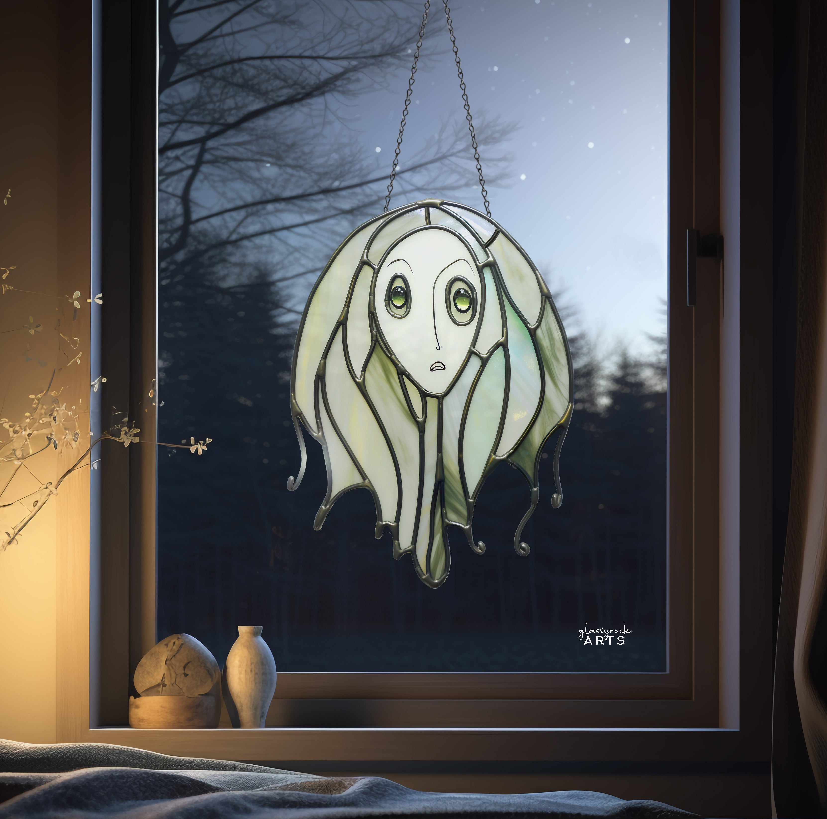 Ghostly Witch Halloween Stained Glass Pattern