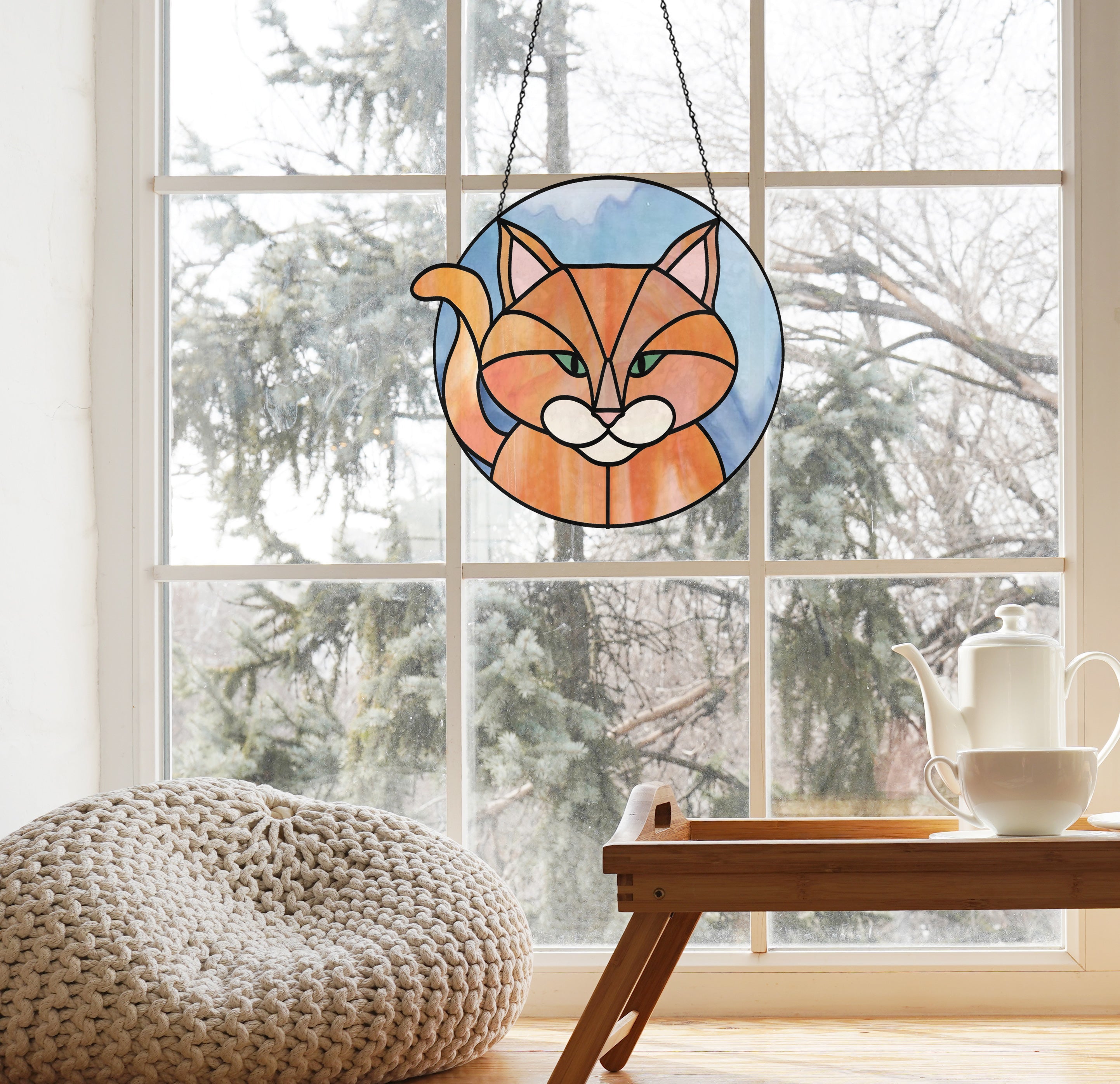 Full Moon Halloween Black Cat Stained Glass Pattern