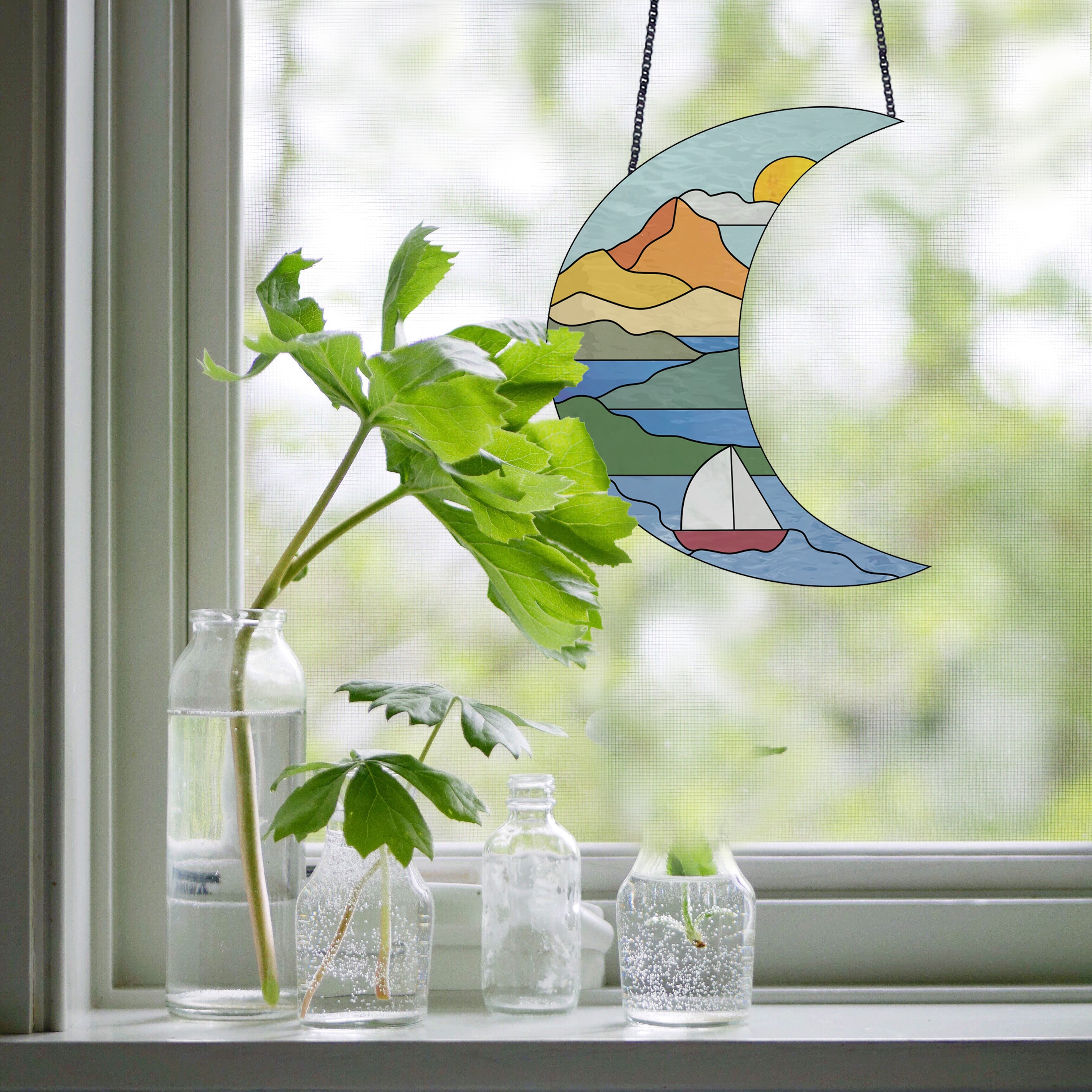 Crescent Moon Seascape Stained Glass Pattern