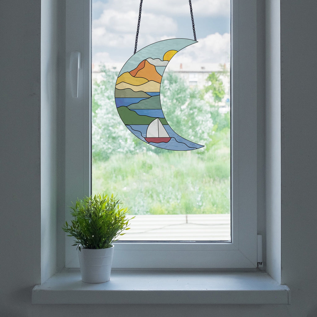 Crescent Moon Seascape Stained Glass Pattern