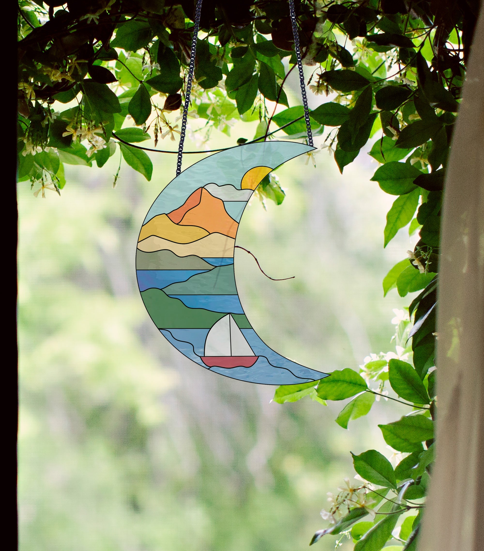Crescent Moon Seascape Stained Glass Pattern