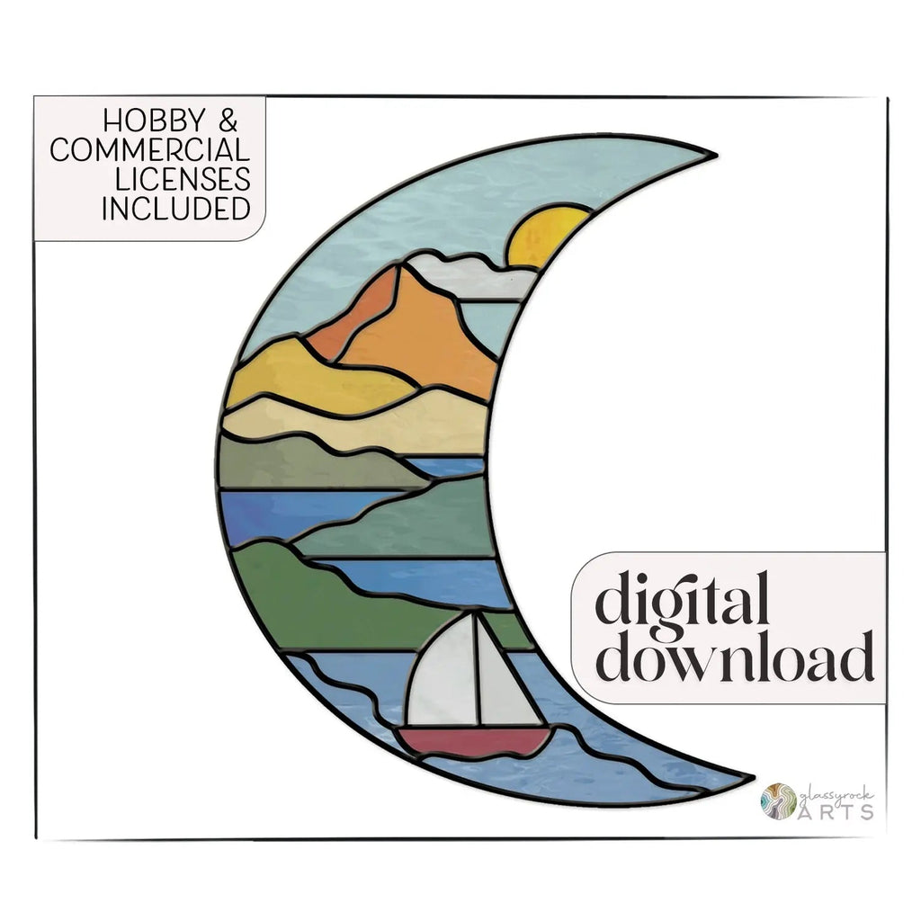 Crescent Moon Seascape Stained Glass Pattern