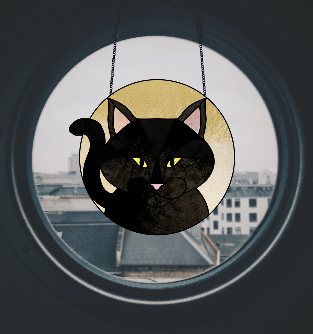 Full Moon Halloween Black Cat Stained Glass Pattern