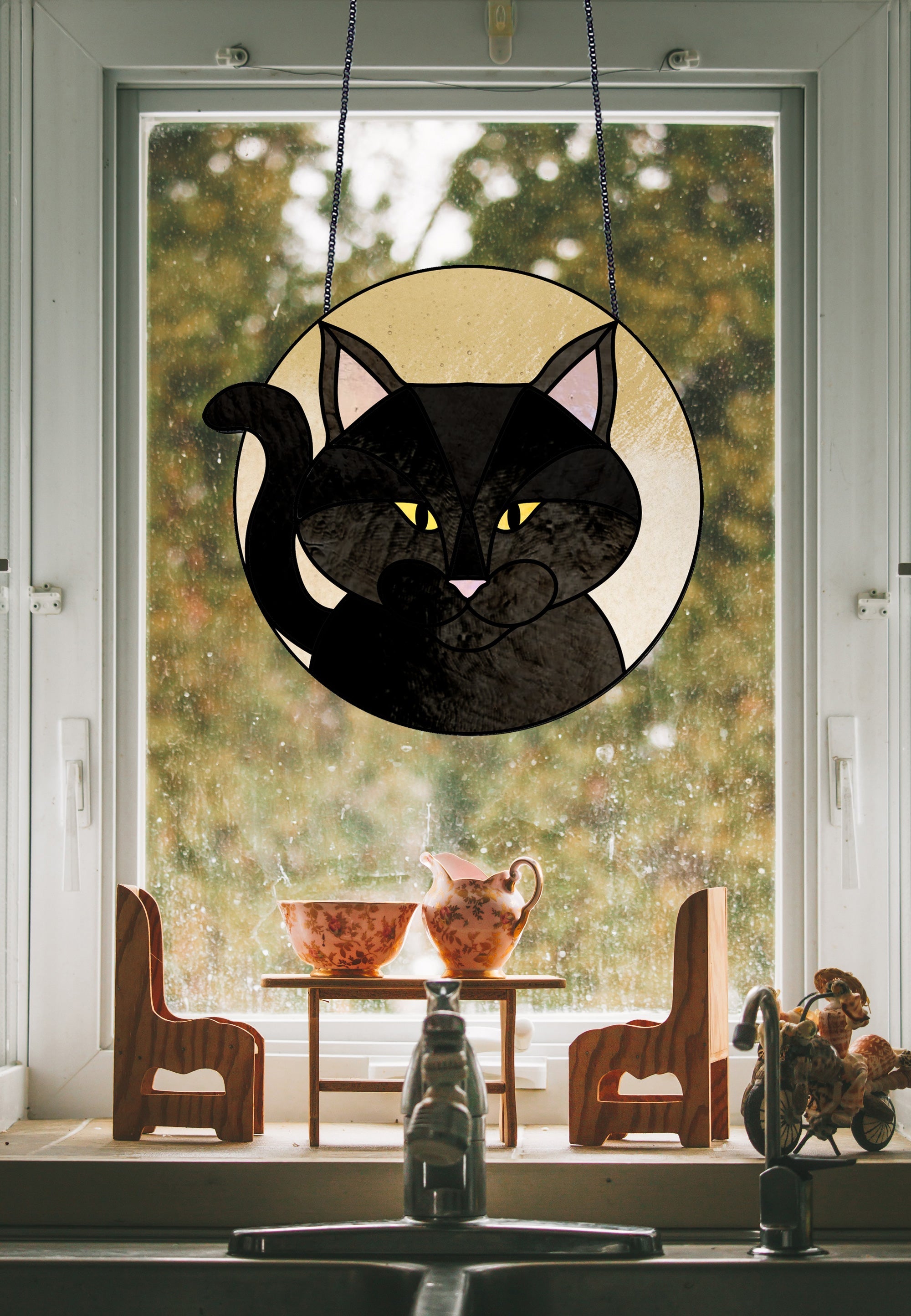 Full Moon Halloween Black Cat Stained Glass Pattern