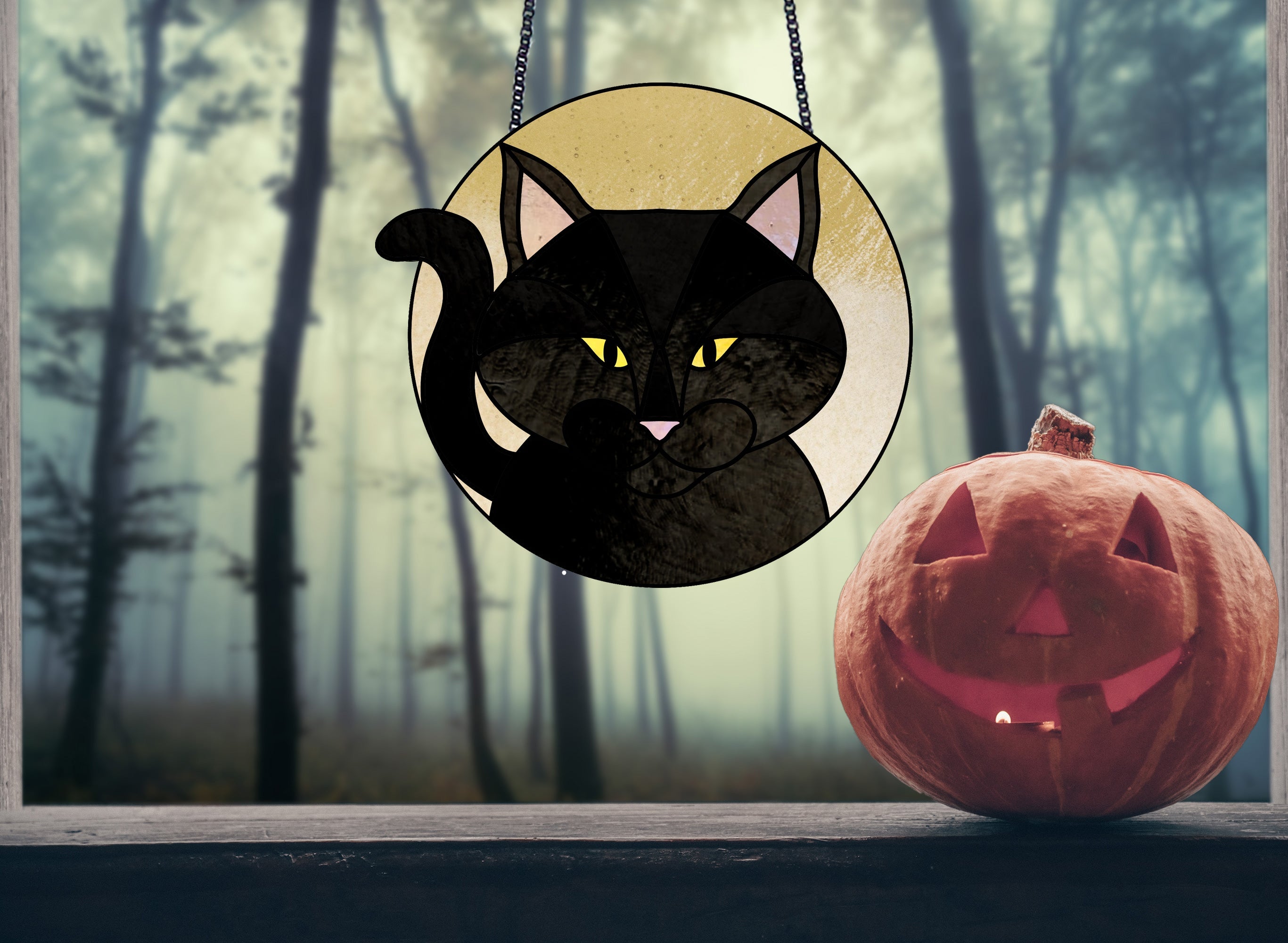 Full Moon Halloween Black Cat Stained Glass Pattern