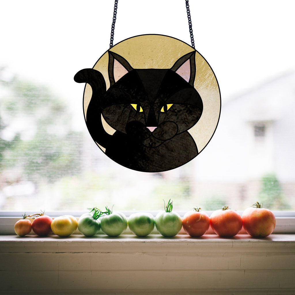 Full Moon Halloween Black Cat Stained Glass Pattern