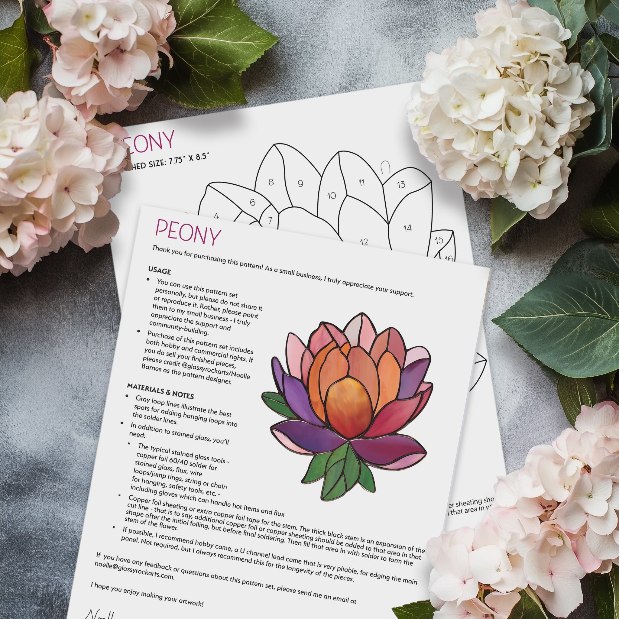 Peony Suncatcher Stained Glass Pattern with PNG