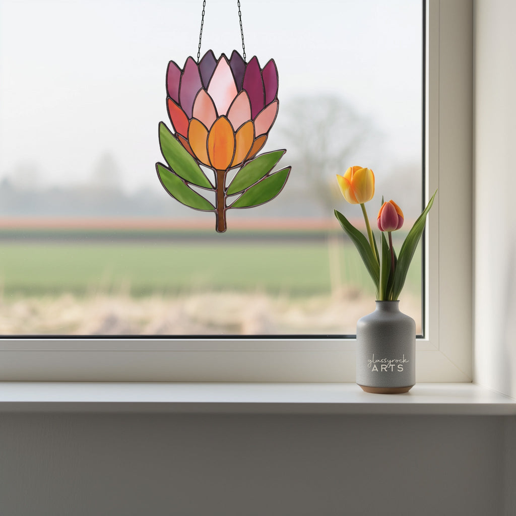 Protea Flower Stained Glass Pattern with PNG