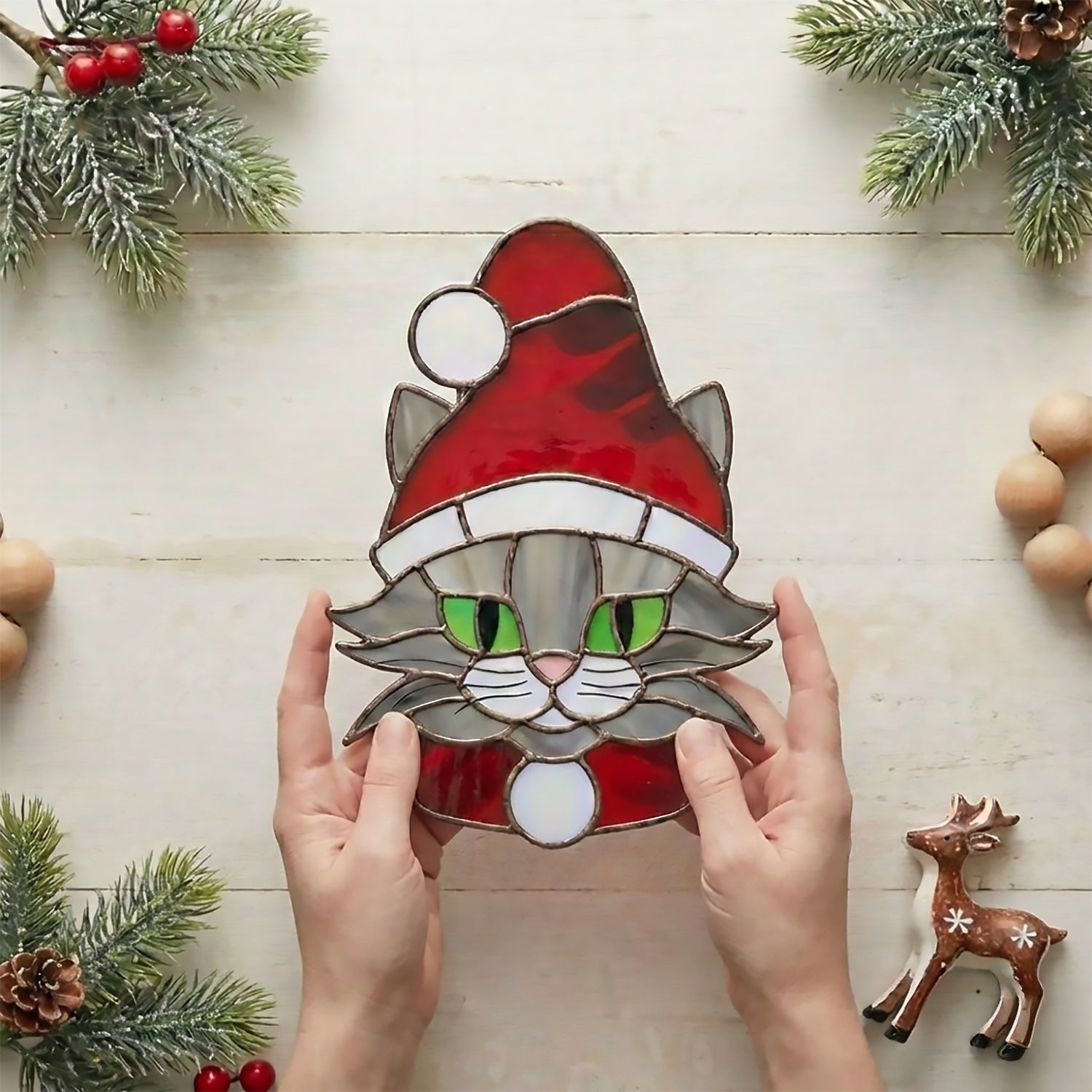 Santa Cat Christmas Stained Glass Pattern