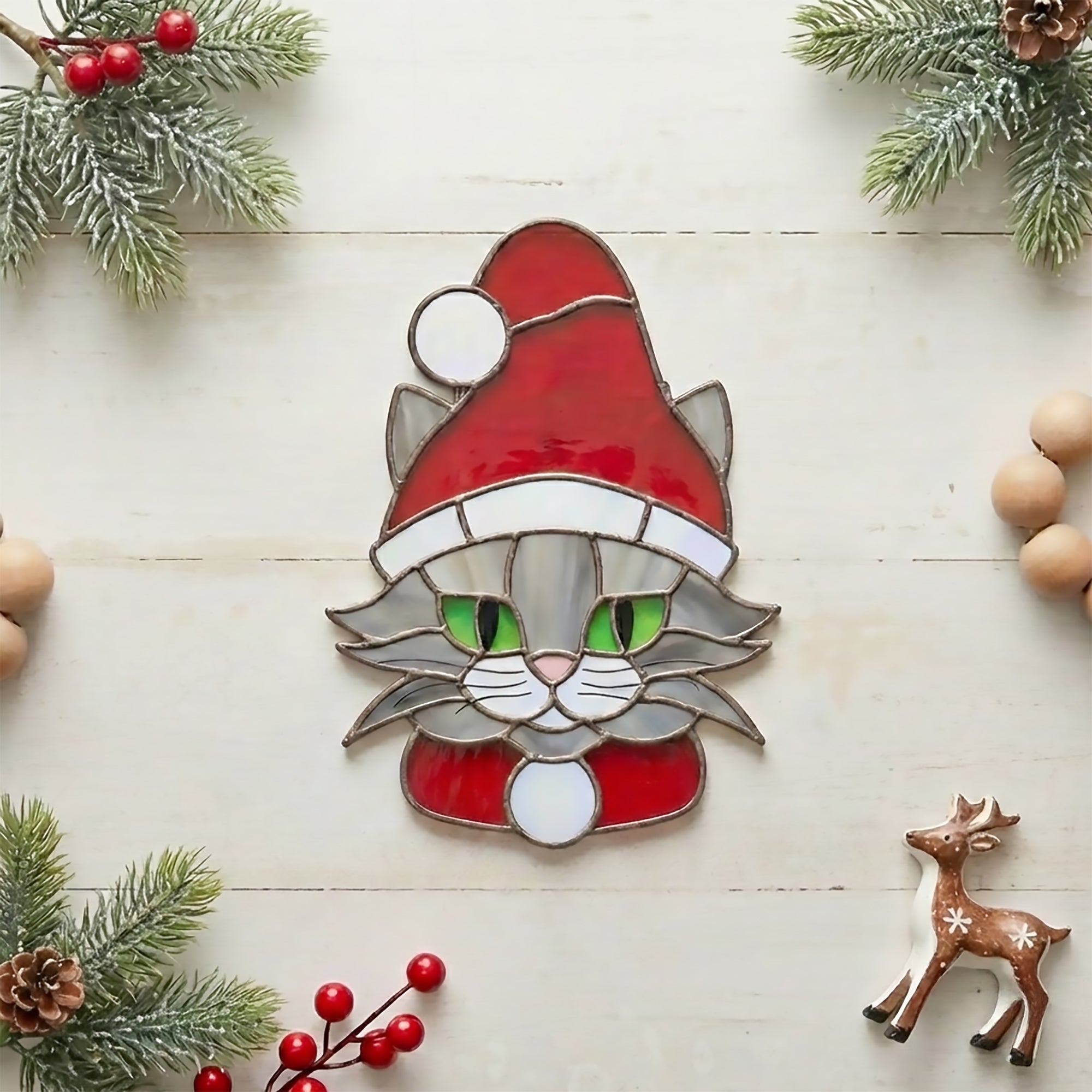 Santa Cat Christmas Stained Glass Pattern