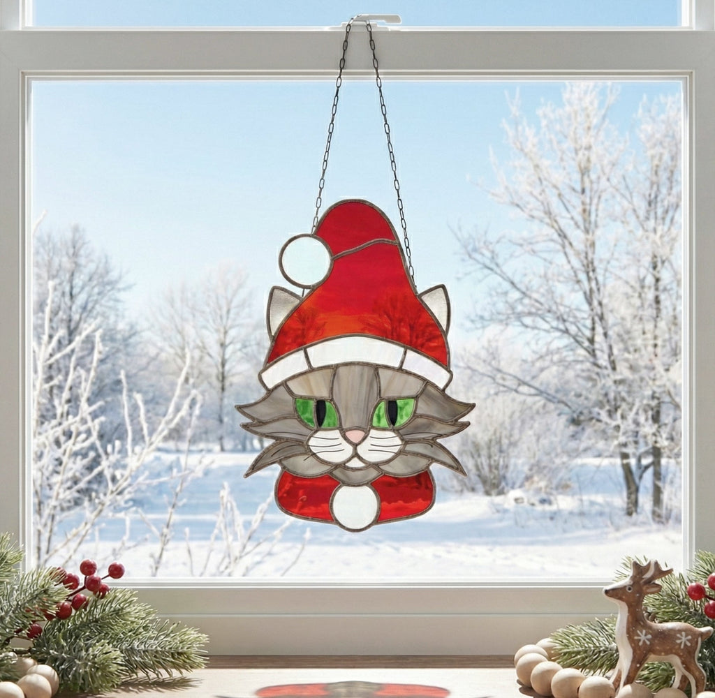 Santa Cat Christmas Stained Glass Pattern