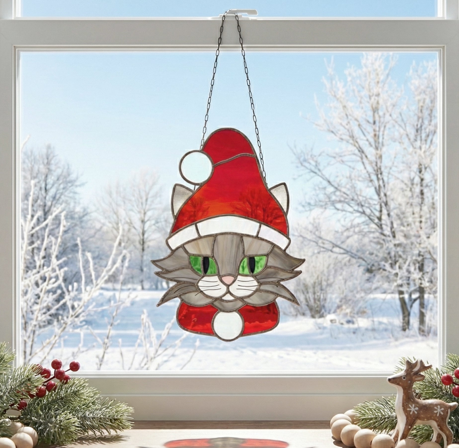Santa Cat Christmas Stained Glass Pattern