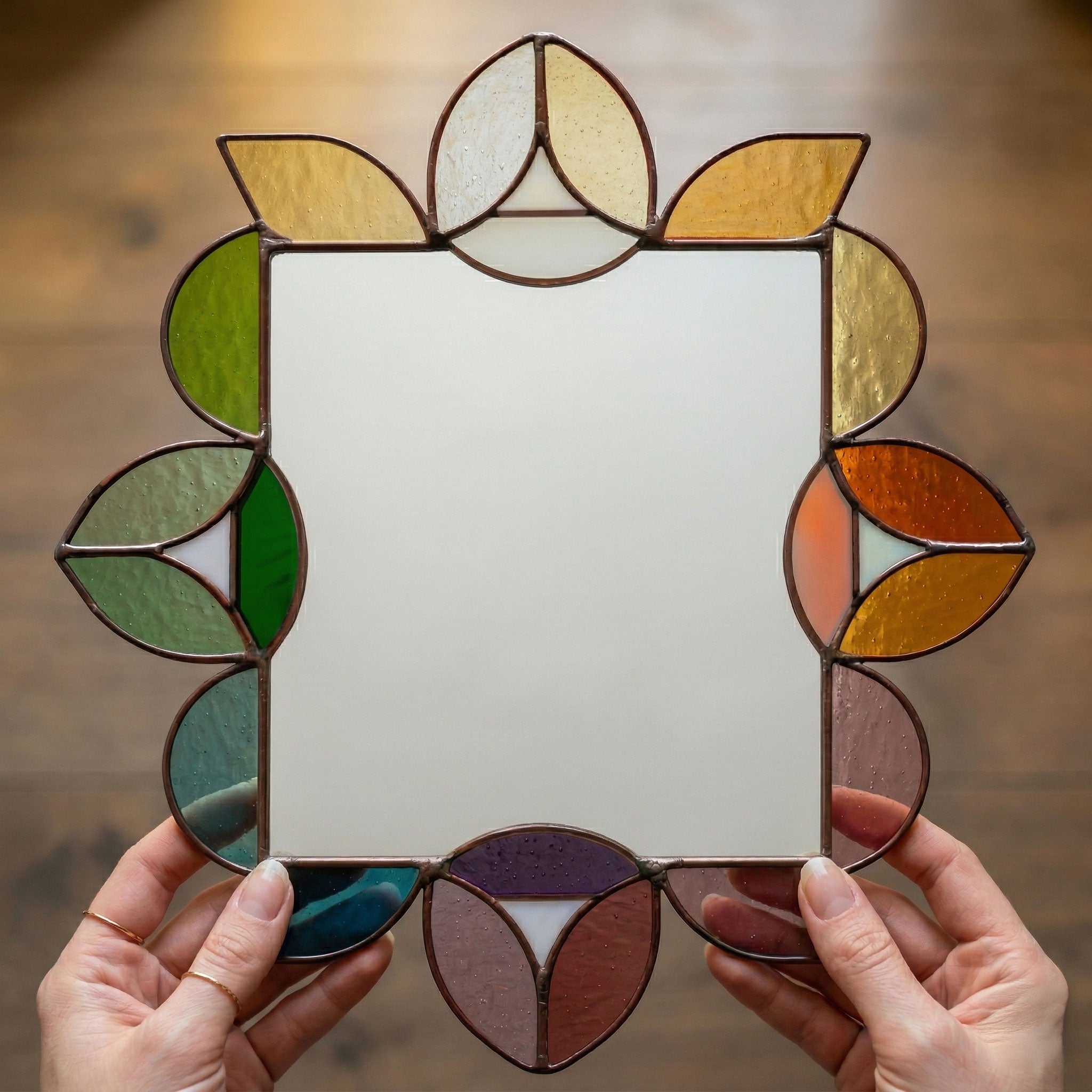 Square Mirror Stained Glass Leaves Pattern