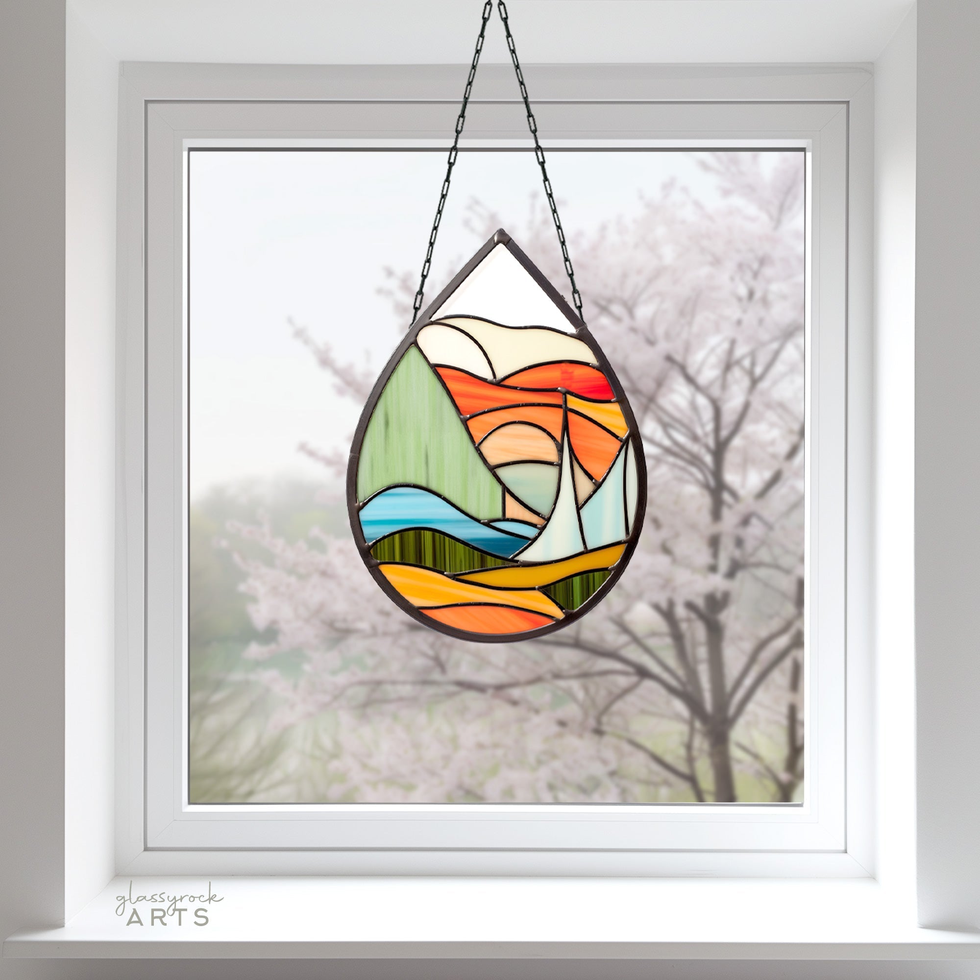 Abstract Landscape Stained Glass Teardrop Pattern