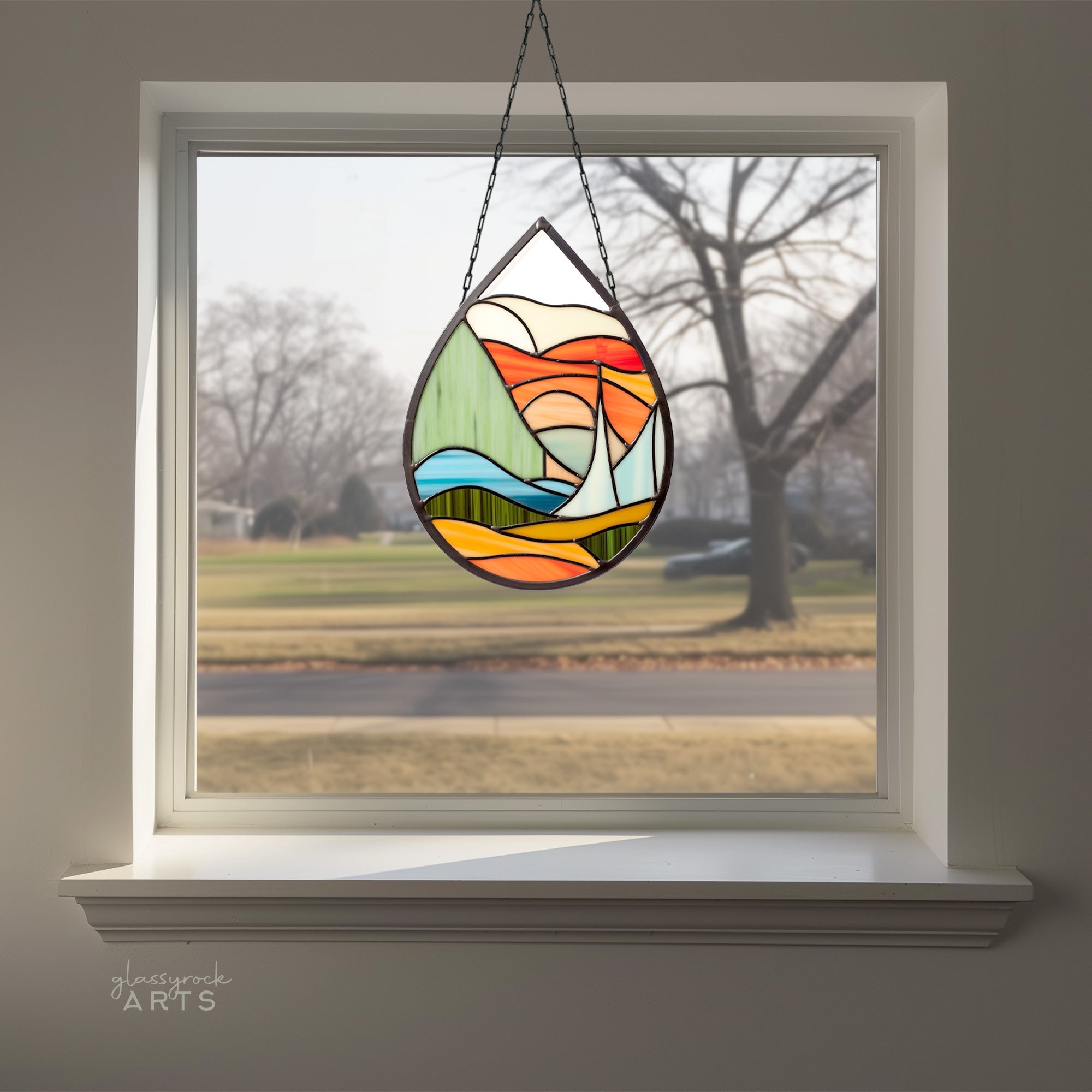 Abstract Landscape Stained Glass Teardrop Pattern