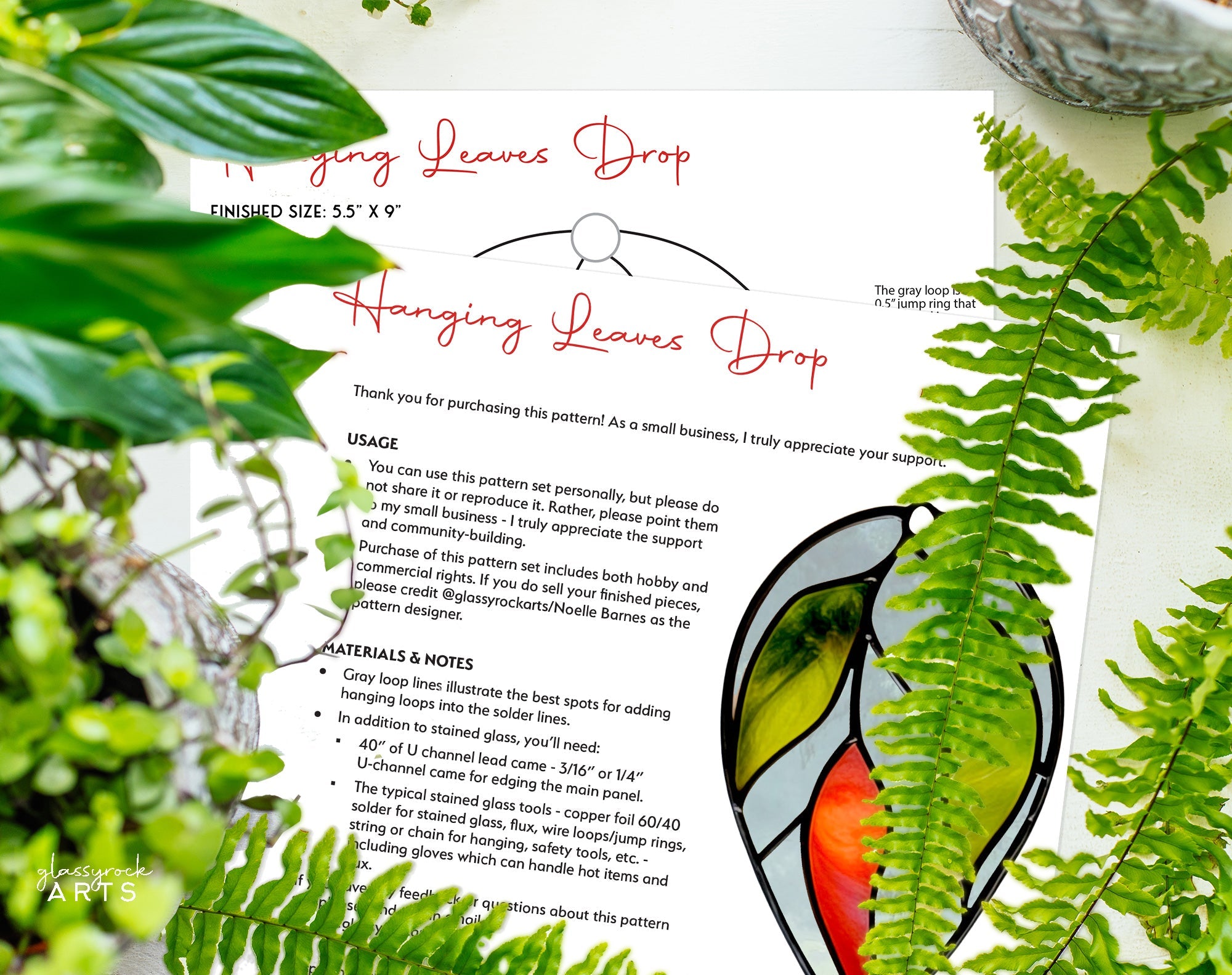 Hanging Plant Stained Glass Leaves Pattern