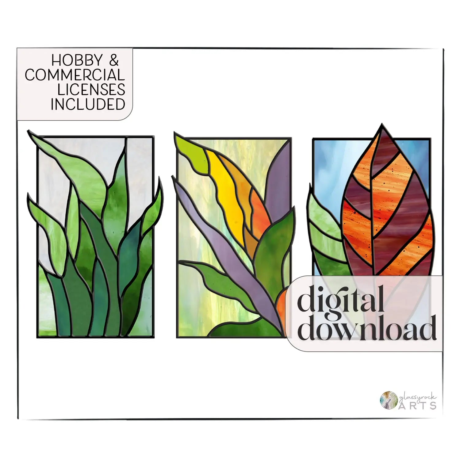 Tropical Stained Glass Plant Pattern - 3-Pack - PDF & PNG